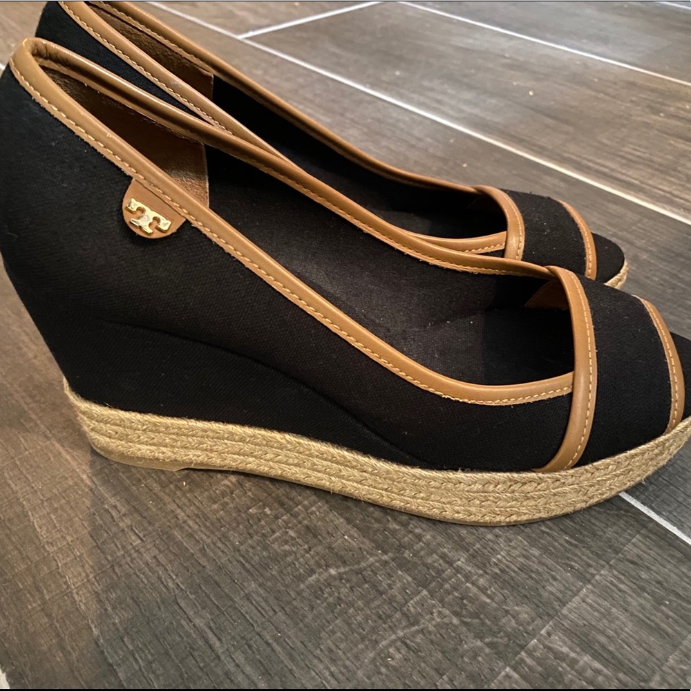 Tory Burch Black Majorca Peep-toe Canvas Wedges